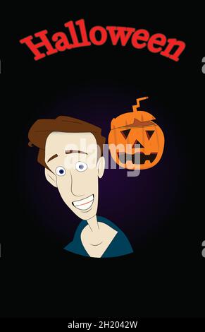 Halloween card scared man with a pumpkin in the background Stock Vector