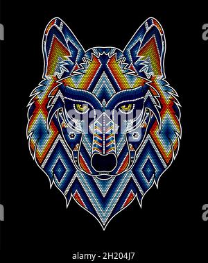vector illustration of colorful beaded wolf head inspired in mexican huichol art. Isolated on black background. Stock Vector