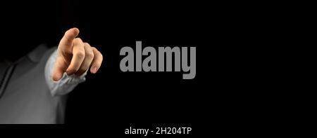Banner you are fired concept, boss gesturing way out hand sign and symbol with index finger on a black background Stock Photo