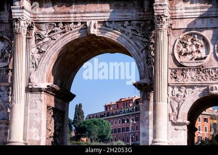 Triumphal Arch of Constantine spandrel reliefs depict victory in Rome, Italy. Stock Photo