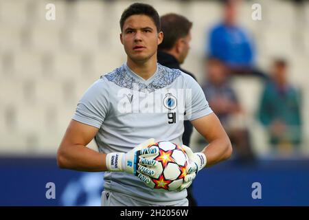 BRUGGE, BELGIUM - OCTOBER 19: Senne Lammens of Club Brugge during the Group A - UEFA Champions League match between Club Brugge KV and Manchester City at Jan Breydelstadion on October 19, 2021 in Brugge, Belgium (Photo by Perry van de Leuvert/Orange Pictures) Stock Photo