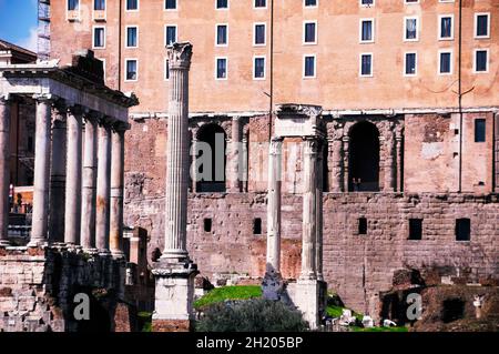 Ancient columns, pediments and porticos in the Roman Forum of Rome, Italy. Stock Photo