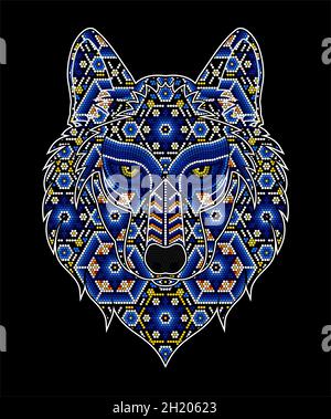vector illustration of colorful beaded wolf head inspired in mexican huichol art. Isolated on black background. Stock Vector
