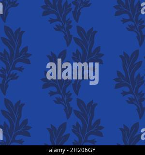 Acanthus leaf vector seamless pattern background. Elegant black blue duotone backdrop with hand drawn stylized leaves. Trailing vertical foliage Stock Vector