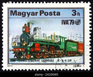 HUNGARY - CIRCA 1979: a stamp printed in Hungary shows Trans-Siberian Train, 1898, circa 1979 Stock Photo
