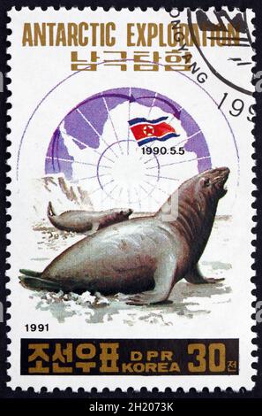 NORTH KOREA - CIRCA 1991: a stamp printed in North Korea shows Elephant Seals, Antartic Exploration, circa 1991 Stock Photo