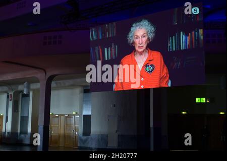 19 October 2021, Hessen, Frankfurt/Main: Margaret Atwood, author, speaks live from Canada during the opening ceremony of the Frankfurt Book Fair 2021 in the Festsaal. After the pandemic-related break in 2020, the Frankfurt Book Fair may take place again this year with an audience. Photo: Sebastian Gollnow/dpa Stock Photo