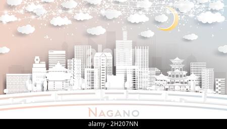 Nagano Japan City Skyline in Paper Cut Style with White Buildings, Moon and Neon Garland. Vector Illustration. Travel and Tourism Concept. Nagano City Stock Vector