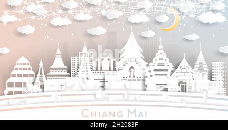 Chiang Mai Thailand City Skyline in Paper Cut Style with White Buildings, Moon and Neon Garland. Vector Illustration. Travel and Tourism Concept. Stock Vector