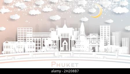 Phuket Thailand City Skyline in Paper Cut Style with White Buildings, Moon and Neon Garland. Vector Illustration. Travel and Tourism Concept. Stock Vector