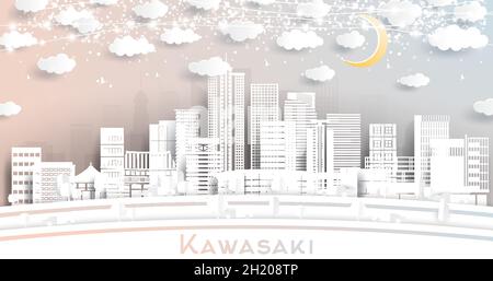 Kawasaki Japan City Skyline in Paper Cut Style with White Buildings, Moon and Neon Garland. Vector Illustration. Travel and Tourism Concept. Stock Vector