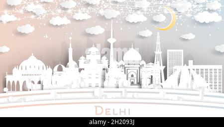 Delhi India City Skyline in Paper Cut Style with White Buildings, Moon and Neon Garland. Vector Illustration. Travel and Tourism Concept. Stock Vector