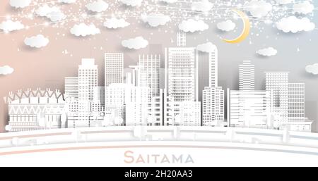 Saitama Japan City Skyline in Paper Cut Style with White Buildings, Moon and Neon Garland. Vector Illustration. Travel and Tourism Concept. Stock Vector