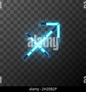 Sagittarius bright blue neon zodiac sign, star sign for astrology horoscope on transparent background Stock Vector