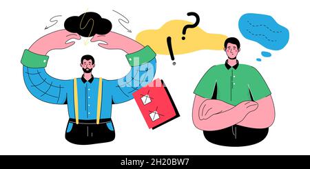 Unsolved problem - colorful flat design style banner with trendy characters. Two men feel insecure because they cannot find an answer to a question. W Stock Vector