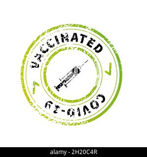 Vaccinated, green vintage round grunge stamp imprint with syringe icon isolated on white Stock Vector