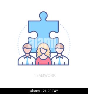 Teamwork - modern colorful line design style icon on white background. Detailed image of three professionals working together. Woman and two men with Stock Vector