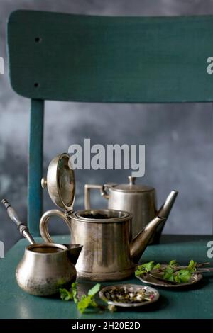 Silver teapots for tea making Stock Photo