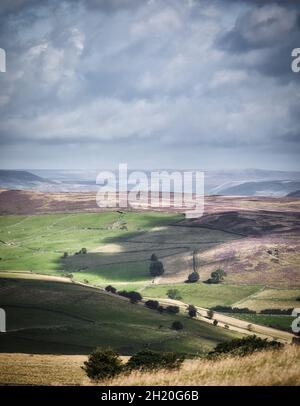 Dramatic panoramic view from Eyam Moor of shadows of clouds moving over land, Peak District, Derbyshire, England