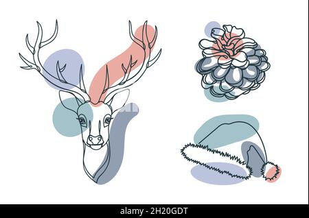 Christmas deer in a hand drawn linear style. Stock Vector