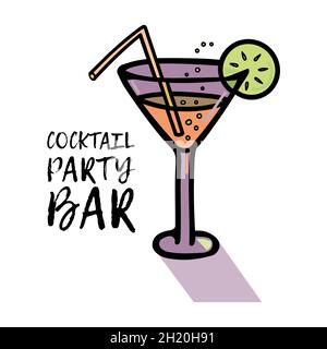 Vector illustration of a glass with a cocktail, bubbles and a slice of lemon, a straw. Icon. Phrase Cocktail party bar. Stock Vector