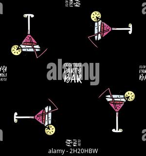Seamless pattern of glasses with cocktail, bubbles and lemon slices, straws on a black background. Icon vector. Stock Vector