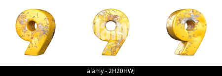 Number 9 from a set of metallic yellow grunge numbers. Isolated. 3D Rendering Stock Photo