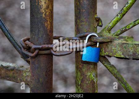 Old rusty and aged gate. Weathered door locked with padlock. Lock and closed. Stock Photo