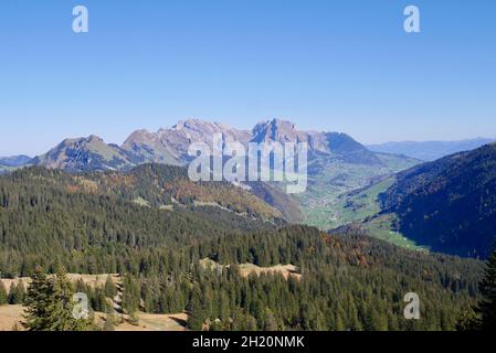 Panoramic view of Alpstein massif seen from the high plateau Hintere Hoehi, St. Gallen, Switzerland. Stock Photo