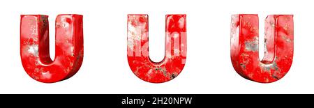 Letter U from Red scratched metallic letters alphabet collection set. Isolated. 3D Rendering Stock Photo