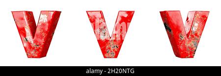 Letter V from Red scratched metallic letters alphabet collection set. Isolated. 3D Rendering Stock Photo