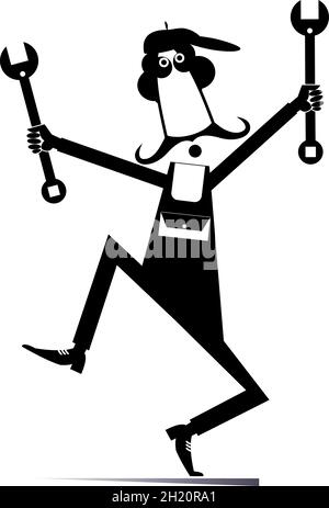 Comic mechanic with two wrenches isolated illustration. Funny mechanic holding two wrenches black on white Stock Vector