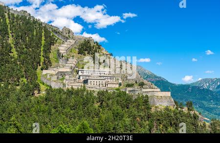 Scenic sight of the ancient Fenestrelle Fortress (Forte di Fenestrelle). Piedmont, Italy. Stock Photo