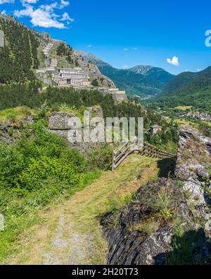 Scenic sight of the ancient Fenestrelle Fortress (Forte di Fenestrelle). Piedmont, Italy. Stock Photo