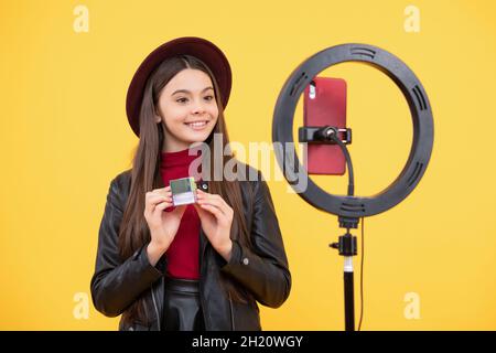influencer. happy teen girl use selfie led. kid beauty blogger. childhood happiness. Stock Photo