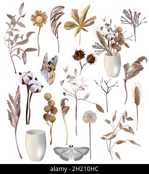 Set of decoration leaves. Cotton, dry herbs, decoration flower, tree branch butterfly. Vector icons Stock Vector