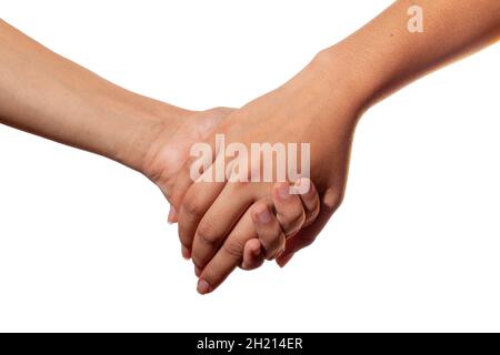 Man and woman holding hands. Romantically held hands. Isolated on white background. Stock Photo