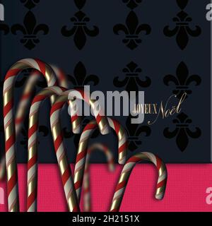 Text Merry Christmas in French language Joyeux Noel, candy canes, symbol fleur de lis on black red. Xmas New Year greeting card, 3D render Stock Photo
