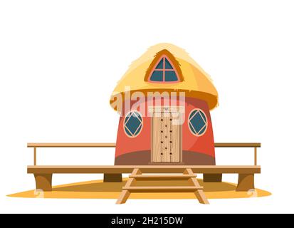 Bungalow beach. Exterior of the building. House in nature. Made from traditional building materials. A hut on the coastal sand. Front view. Vector. Stock Vector