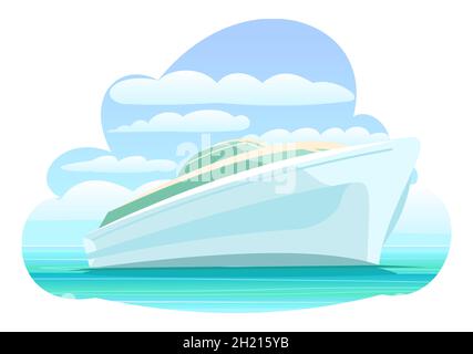 Ocean yacht. A modern multi tiered luxury vessel. Large passenger ship. Flat style. Calm blue sea. Composition in form of cloud. Isolated on white Stock Vector