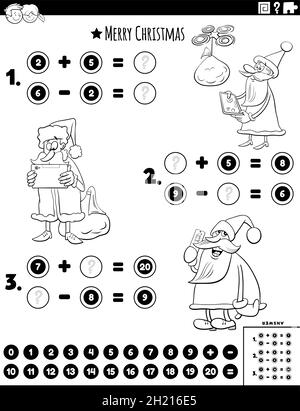 Black and white cartoon illustration of educational mathematical addition and subtraction puzzle task with Santa Claus characters on Christmas time co Stock Vector
