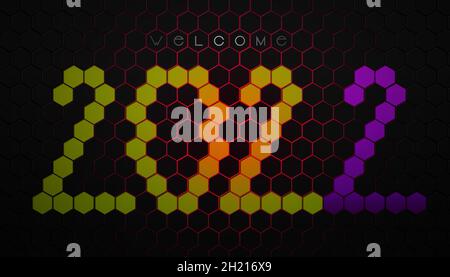 2022 New Year celebration - Modern futuristic abstract background made with black hexagons - Colored numbers in the middle Stock Photo