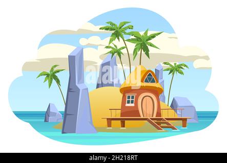 Bungalow on the island. In the blue calm sea. Summer seascape. Rocks and cliffs. Beach hut by the ocean. Isolated on white background. Palm trees and Stock Vector