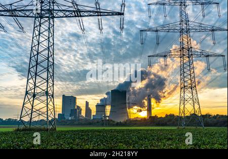 Lignite-fired power plant, RWE Power AG Niederaussem power plant, sunset, Bergheim, NRW, Germany, Stock Photo
