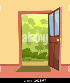 Opened door. From inside of room at home. Summer Green landscape view. Yellow wall. Way is open. Cartoon cute fairy tale design. Image background Stock Vector