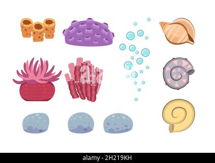 Set of marine objects: corals, plants, shells, algae and bubbles. Underwater. Aquarium or sea. Summer water. Isolated on white background Stock Vector