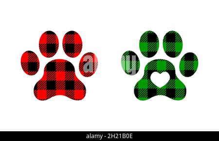 Dog paw silhouettes with Christmas buffalo patterns. Canine footprints with gingham checkered print. Vector flat illustration. Stock Vector