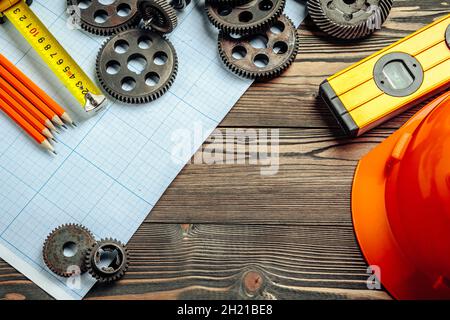 Car engineering tools top view on graph paper Stock Photo