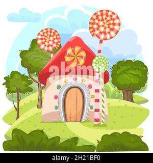 Sweet home vector, caramel fairy house. Illustration in cartoon style flat design. Summer cute landscape. Picture for children isolated on white Stock Vector