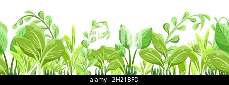 Green light tropical herbs and bushes. Horizontal seamless composition. Jungle meadow. Shoots of palms and plants. Funny cartoon style. Isolated on Stock Vector